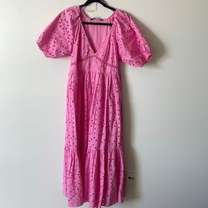 Zara Puff Sleeve eyelet Maxi Dress Pink XS